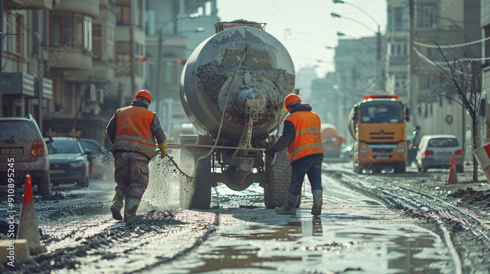 Construction Workers on a Mud-Covered Road Construction Workers on a Mud-Covered Road