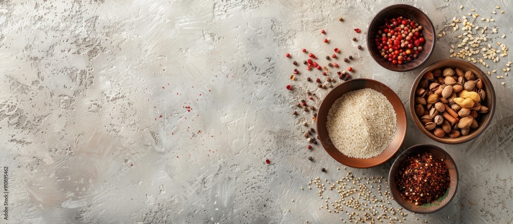Top view of various spices and nuts in a bowl on a textured light gray table with room for text in the image. Creative banner. Copyspace image Top view of various spices and nuts in a bowl on a textured light gray table with room for text in the image. Creative banner. Copyspace image