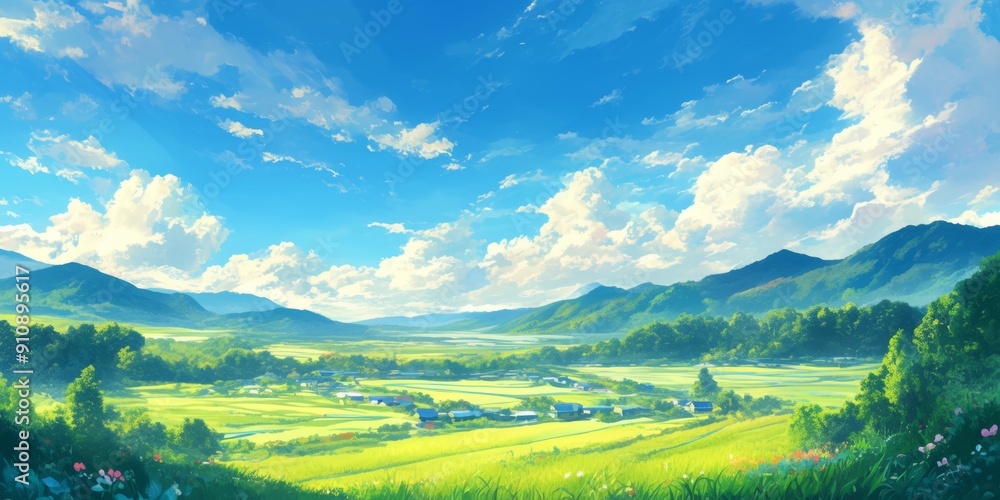 Fototapeta premium Enchanting Anime-Style Summer Landscape: Epic Perspective of Vibrant Scenery with Lush Nature and Warm Sunlight. Creative AI-Generated 4K Wallpaper Capturing the Essence of a Perfect Summer Day for Ad