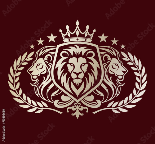 elegant lion heraldry coat of arms royal logo with shield crown and laurel wreath