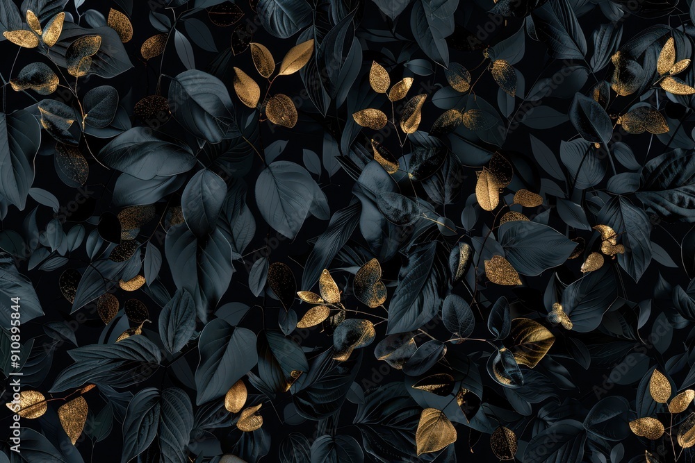 Dark foliage with gold accents creating a luxurious and elegant botanical pattern. Dark foliage with gold accents creating a luxurious and elegant botanical pattern.