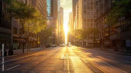 Empty city street with tall modern buildings at sunrise, creating a tranquil and golden urban scene.