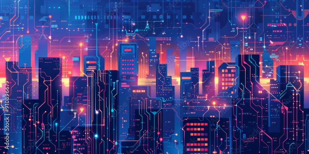Fototapeta premium Futuristic Smart Cyber City illustration: Innovative Urban Landscape in Digital Circuitry, futuristic technology concept, Graphic Resources, Wallpapers, Brochure, Websites, banner design, Advertising,