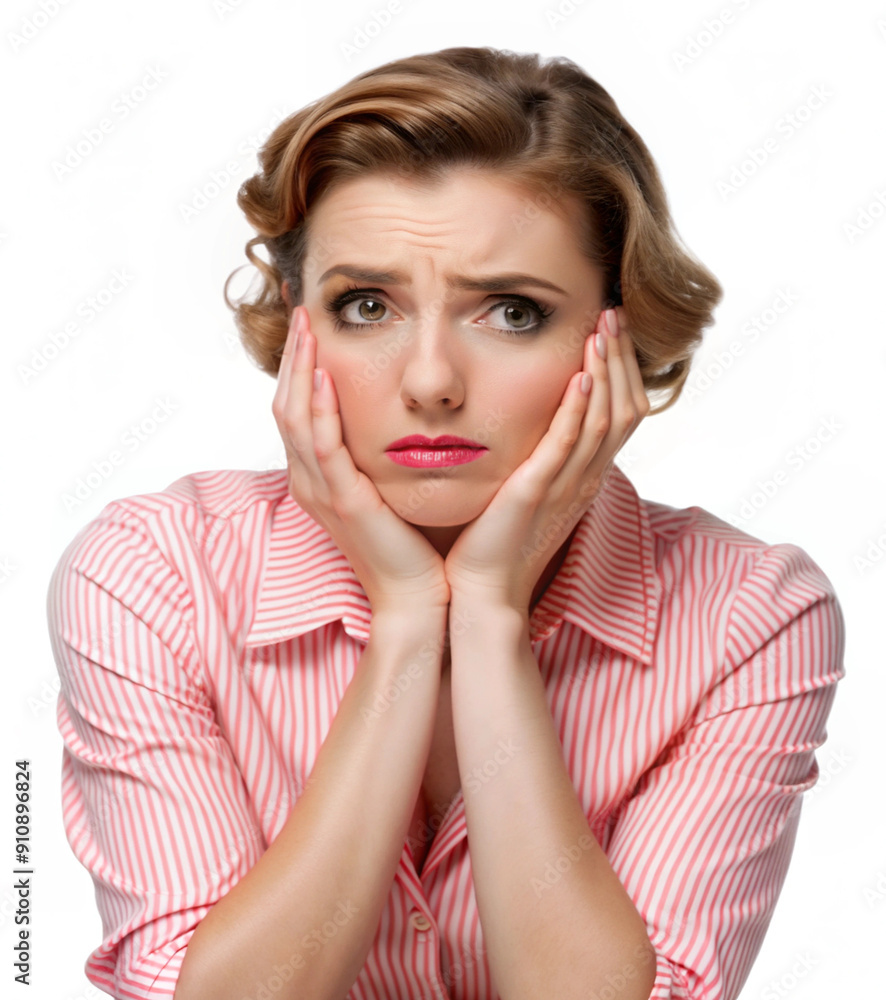 Girl in pink blouse upset. Emotions. White background Girl in pink blouse upset. Emotions. White background