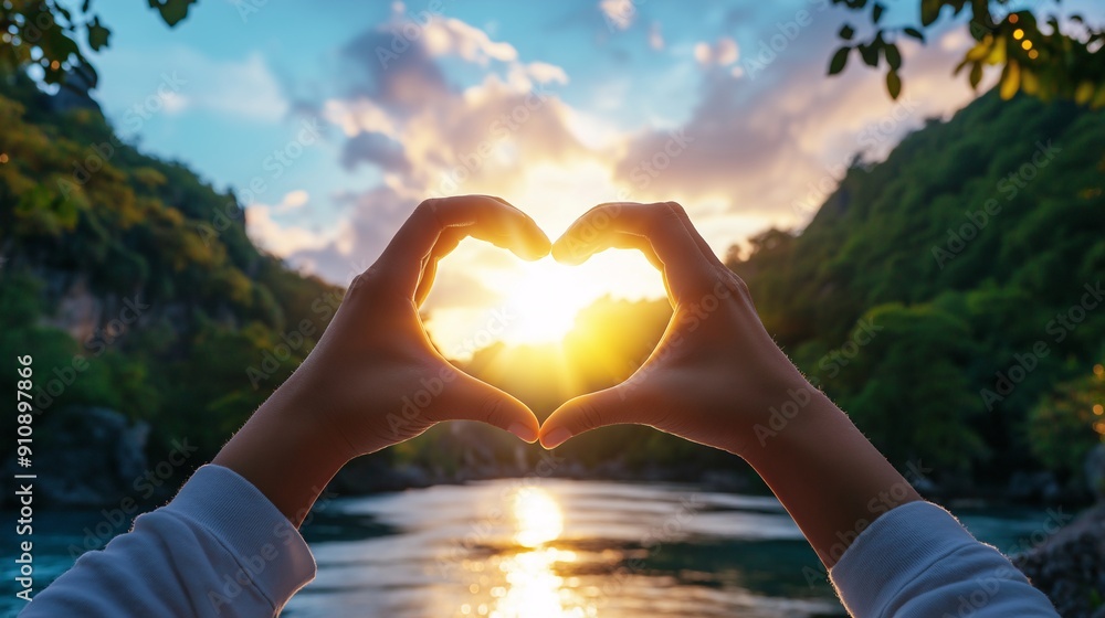 Heart shape with hands in front of a beautiful sunset