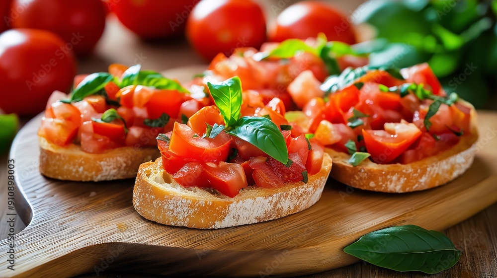 A platter of tomato bruschetta with fresh basil, garlic, and olive oil on toasted bread A platter of tomato bruschetta with fresh basil, garlic, and olive oil on toasted bread