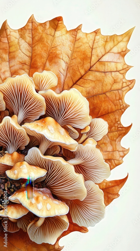 An intricate composition of orange mushrooms and autumn leaves, showcasing nature's vibrant colors and unique textures. An intricate composition of orange mushrooms and autumn leaves, showcasing nature's vibrant colors and unique textures.