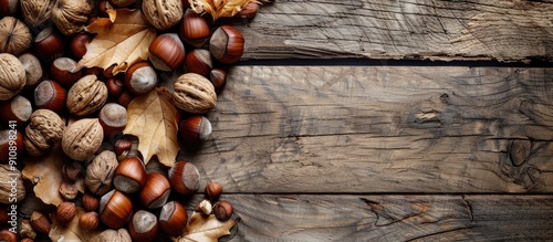 Healthy concept with hazelnuts and nuts arranged beautifully on a wooden table perfect for a copy space image