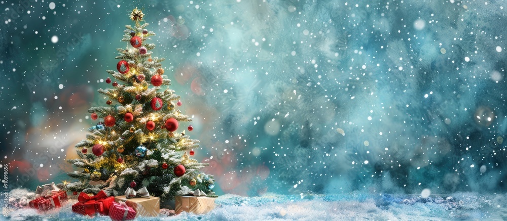 A festive Christmas scene with a decorated tree holiday ornaments and a snowy backdrop ideal for a copy space image A festive Christmas scene with a decorated tree holiday ornaments and a snowy backdrop ideal for a copy space image