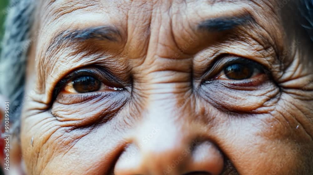 A joyful elderly individual is smiling, showcasing deep wrinkles around the eyes, reflecting warmth and experience during a sunny day A joyful elderly individual is smiling, showcasing deep wrinkles around the eyes, reflecting warmth and experience during a sunny day