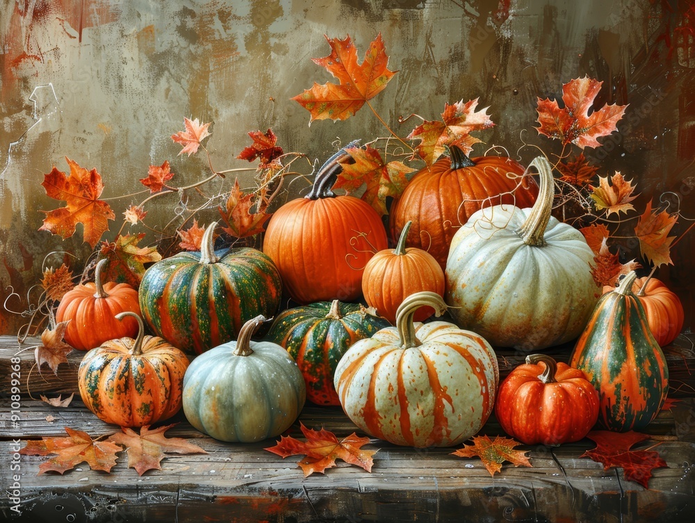 A still life of pumpkins and gourds with autumn leaves, arranged on a wooden table. A still life of pumpkins and gourds with autumn leaves, arranged on a wooden table.