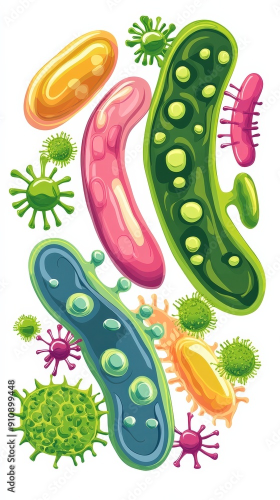 Colorful illustration of various bacteria and germs, showcasing microbial diversity and their distinct shapes and colors. Colorful illustration of various bacteria and germs, showcasing microbial diversity and their distinct shapes and colors.