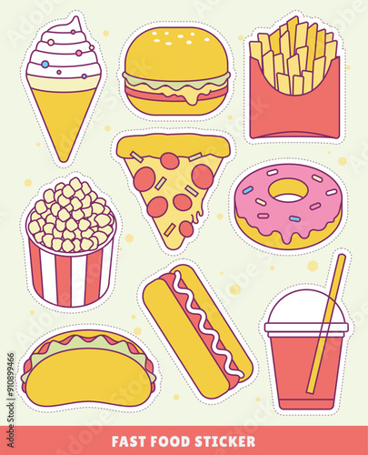 junk food stickers hamburger pizza hotdog donut ice cream cute cartoon illustration isolated icon