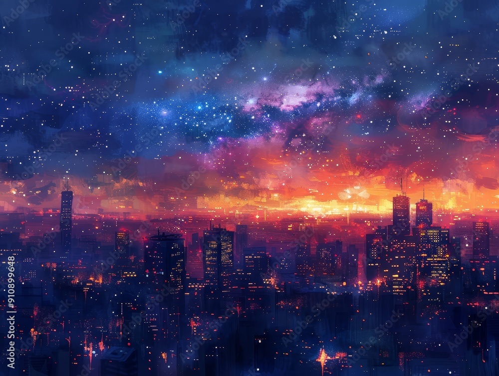 A vibrant night sky with twinkling stars over a glowing city skyline. A vibrant night sky with twinkling stars over a glowing city skyline.