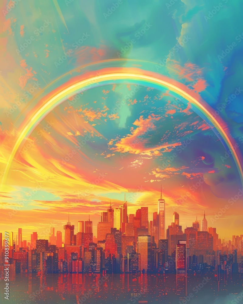 A vibrant rainbow arches over a cityscape at sunset, creating a stunning display of colors. A vibrant rainbow arches over a cityscape at sunset, creating a stunning display of colors.