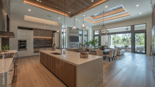 Modern kitchen design in Florida features architectural design, development, kitchen, counter, and wooden floor. Interior design photos show the kitchen and counter.