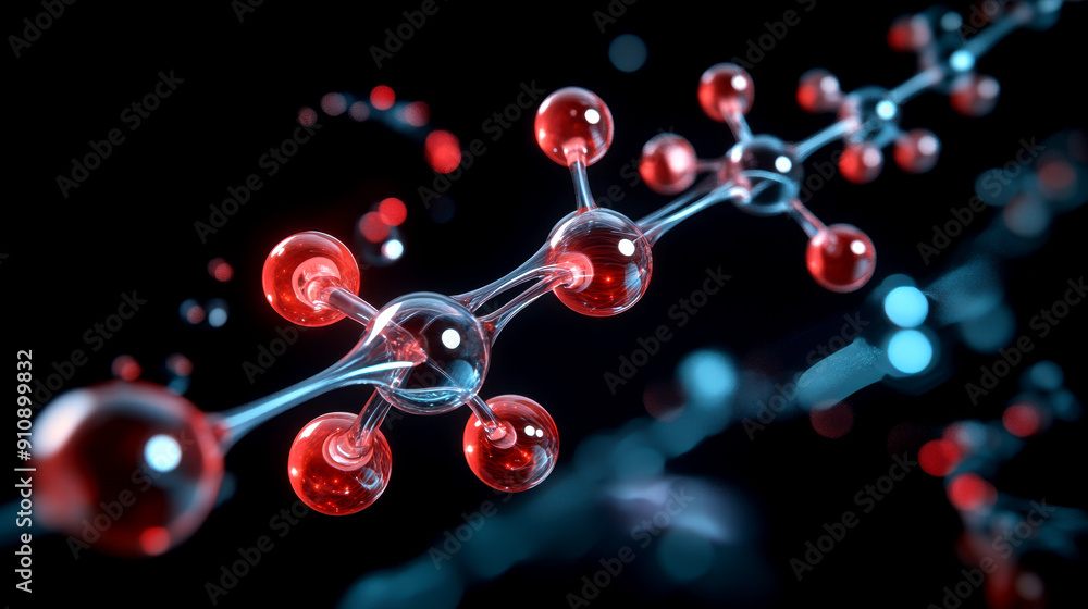 Stunning depiction of a molecular structure, showcasing vibrant red and blue spheres representing atoms and bonds in a scientific theme. Stunning depiction of a molecular structure, showcasing vibrant red and blue spheres representing atoms and bonds in a scientific theme.