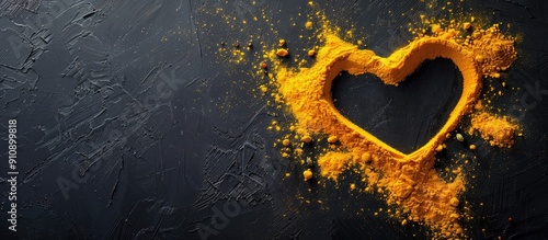 Fototapeta Naklejka Na Ścianę i Meble -  A heart shape created from yellow spices on a black background for a cookery theme with copy space for text or labels in an overhead flat lay view
