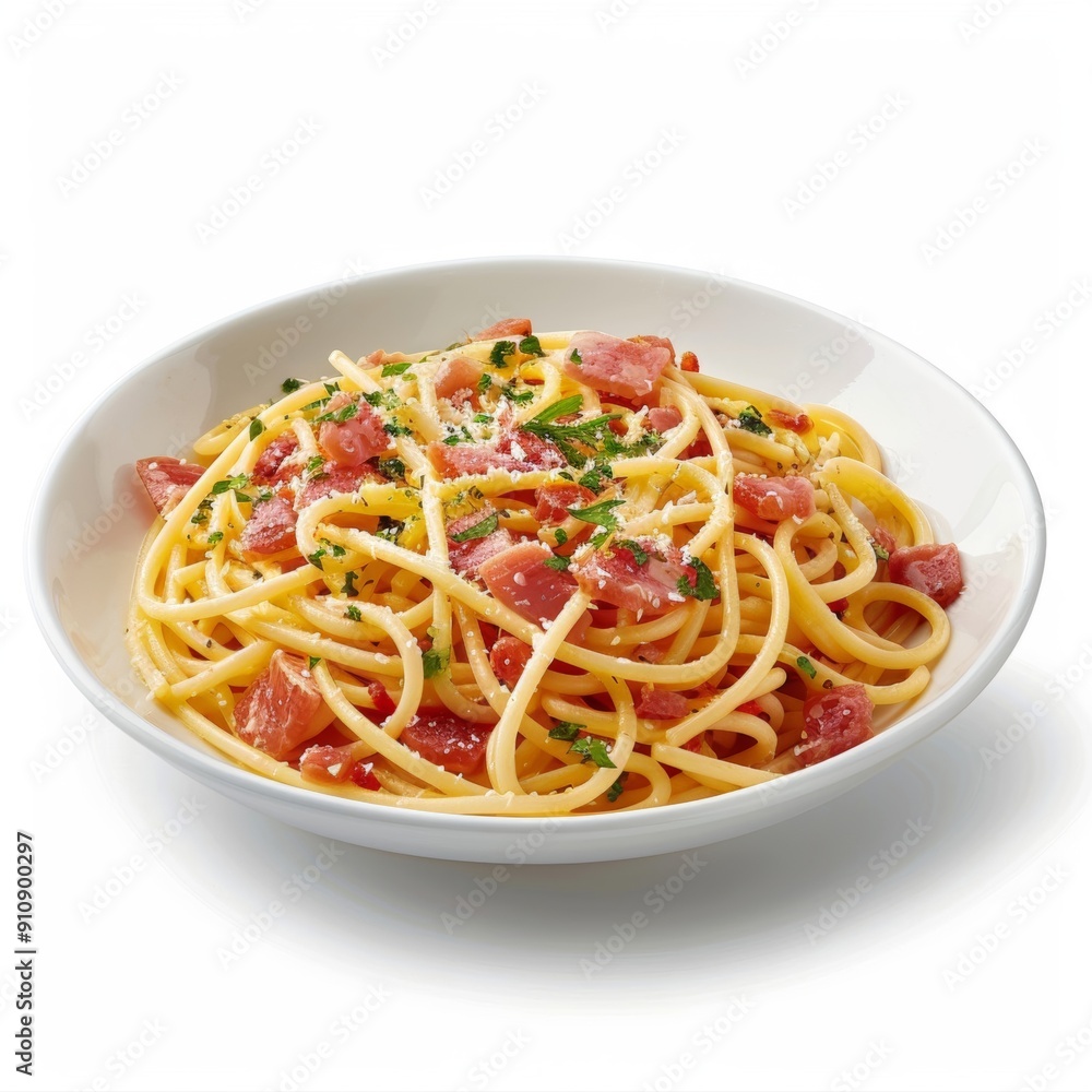 A 3D rendering of a plate of spaghetti carbonara, showcasing Italian cuisine with an appetizing appearance, isolated on a white background for a clear and appealing presentation. A 3D rendering of a plate of spaghetti carbonara, showcasing Italian cuisine with an appetizing appearance, isolated on a white background for a clear and appealing presentation.
