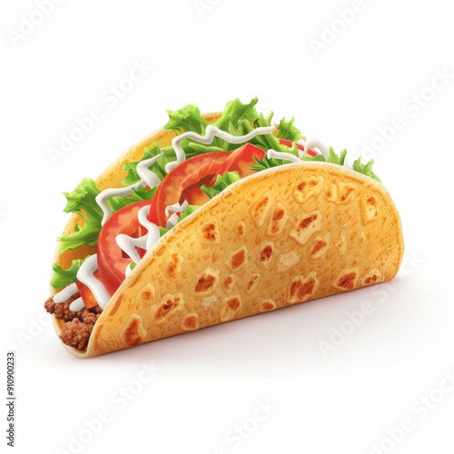 a taco with assorted fillings, showcasing vibrant colors and Mexican cuisine, isolated on a white background.