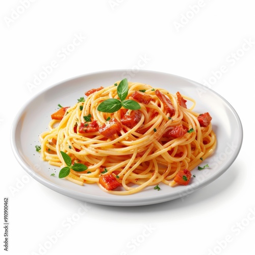 A 3D rendering of a plate of spaghetti carbonara, showcasing Italian cuisine with an appetizing appearance, isolated on a white background for a clear and appealing presentation.