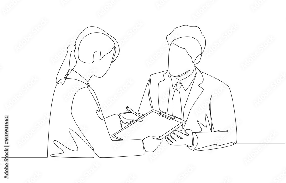 Continuous one line drawing of businesswoman presenting contract to client for signature, business contract concept, single line art. Continuous one line drawing of businesswoman presenting contract to client for signature, business contract concept, single line art.