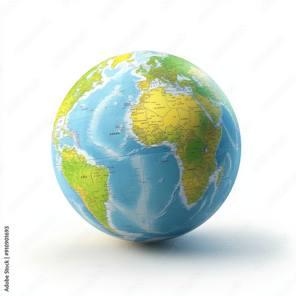 Fototapeta premium A colorful globe of the world with visible continents and oceans, on white background.