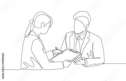 Continuous one line drawing of businesswoman presenting contract to client for signature, business contract concept, single line art.