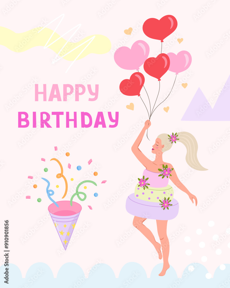 Happy birthday greeting card, woman with balloons. Vector Illustration for printing, backgrounds and packaging. Image can be used for posters, stickers and textile. Isolated on white background. Happy birthday greeting card, woman with balloons. Vector Illustration for printing, backgrounds and packaging. Image can be used for posters, stickers and textile. Isolated on white background.