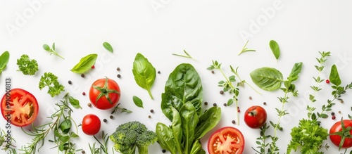 Healthy eating concept depicted with a selection of fresh vegetables and herbs on a white backdrop Ideal for copy space image