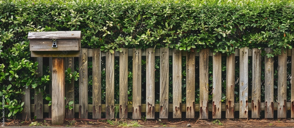 Green bush fence with a wooden mailbox post offering ample copy space image Green bush fence with a wooden mailbox post offering ample copy space image