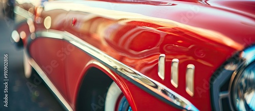 Focus on vintage car s red fender with chrome detailing in a close up copy space image