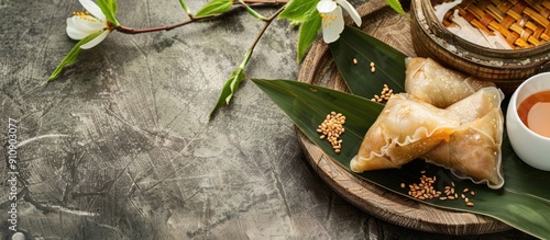 Zongzi a sweet rice dumpling enjoyed during the Dragon Boat Festival typically filled with honey or sugar ideal for copy space image photo