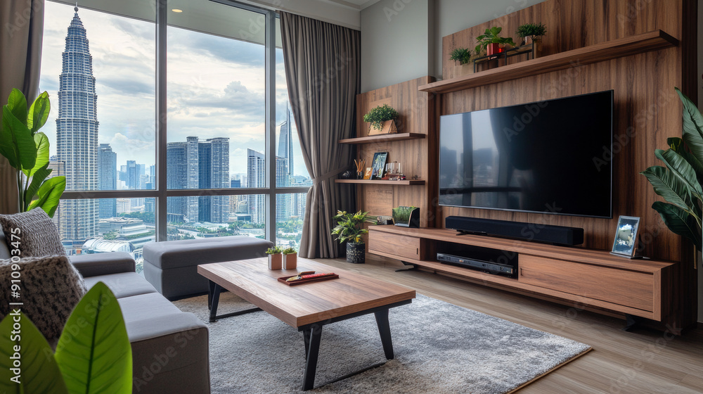 Fototapeta premium Modern living room has a TV, wooden desk, gray seat on the carpet. There's a big window with a view of the Kuala Lumpur skyline.