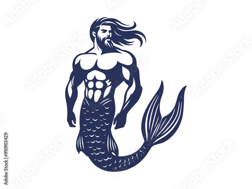 Mythical male mermaid. Vector illustration. Logo, icon, isolated object