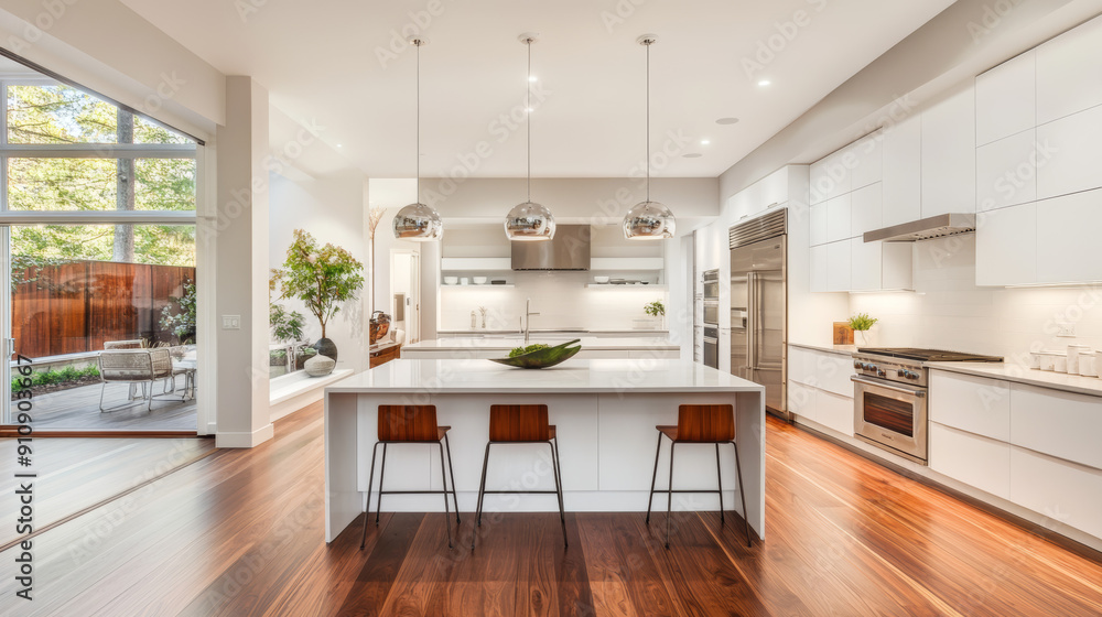 Modern kitchen with sleek white cabinets, warm wood floors, and elegant hanging lights. Modern kitchen with sleek white cabinets, warm wood floors, and elegant hanging lights.