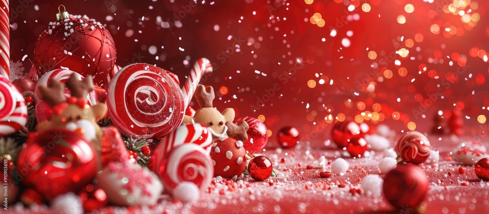 A festive red scene displayed Christmas and New Year themes filled with candies The image had copy space with holiday elements like cookies reindeer and snowmen XMAS A festive red scene displayed Christmas and New Year themes filled with candies The image had copy space with holiday elements like cookies reindeer and snowmen XMAS