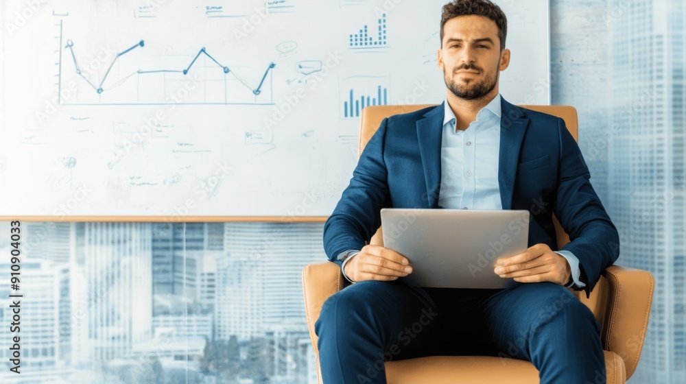 Businessman in suit analyzes data with tablet, showcasing professionalism and confidence in modern office setting. Businessman in suit analyzes data with tablet, showcasing professionalism and confidence in modern office setting.