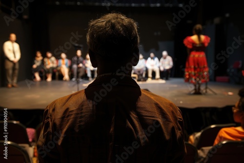 A captivating stage scene showcasing an audience watching a performer, creating an atmosphere of anticipation and engagement.