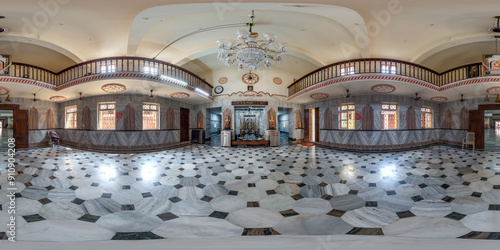 hdri 360 panorama inside hindu temple of ganesh god of wisdom and prosperity with head of elephant in Indian tropic village in equirectangular projection. VR AR content photo