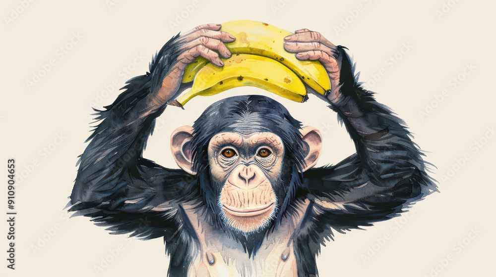 Fototapeta premium A playful chimpanzee joyfully holds a banana above its head in this charming watercolor illustration.
