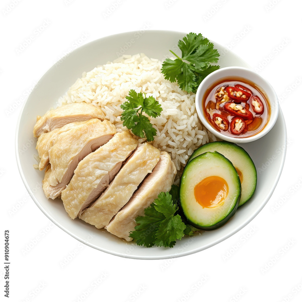 Hainanese Chicken Rice With Cucumber, Egg, And Chili Sauce On A White Background Hainanese Chicken Rice With Cucumber, Egg, And Chili Sauce On A White Background