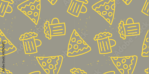 Pizza and beer day. seamless pattern of pizza and beer. doodle hand-drawn vector illustration. Template for Notebook covers, pattern for wallpapers, for cafe, fast food restaurant. junk food