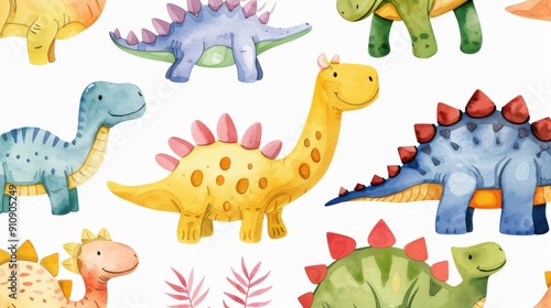 Brightly colored dinosaurs create a playful watercolor pattern, perfect for kids fabrics and digital designs, adding fun to any project.