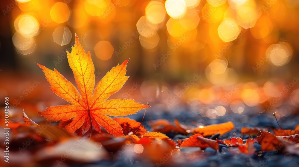 Orange maple leaves on the ground with a bokeh effect defocused background Orange maple leaves on the ground with a bokeh effect defocused background