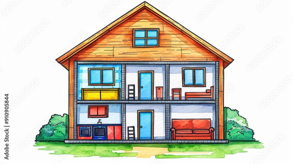 Experience a whimsical, empty threestory paper doll house, beautifully illustrated with charming furniture in vibrant watercolor style. Experience a whimsical, empty threestory paper doll house, beautifully illustrated with charming furniture in vibrant watercolor style.