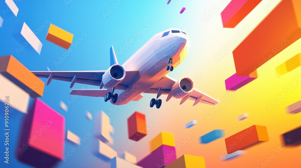 Explore the fusion of blockchain tech and air cargo in this vibrant double exposure illustration, blending modern with abstract style.