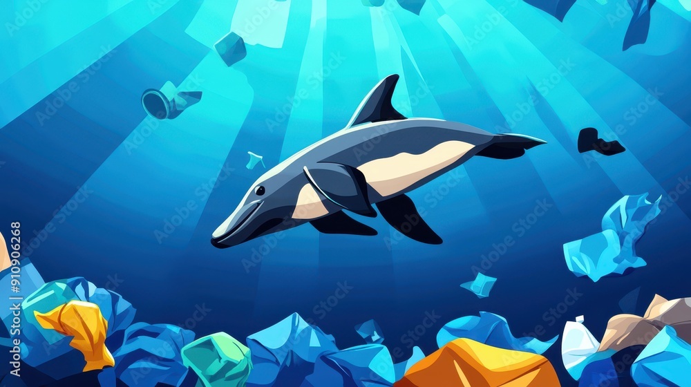 Fototapeta premium A dolphin swims through the ocean, surrounded by floating plastic and debris, highlighting the urgent need for environmental protection.