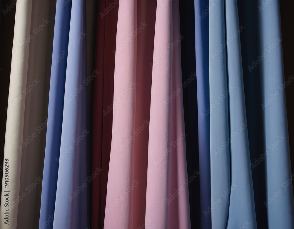 Heavy pastel colored fabric hangs with many folds Heavy pastel colored fabric hangs with many folds