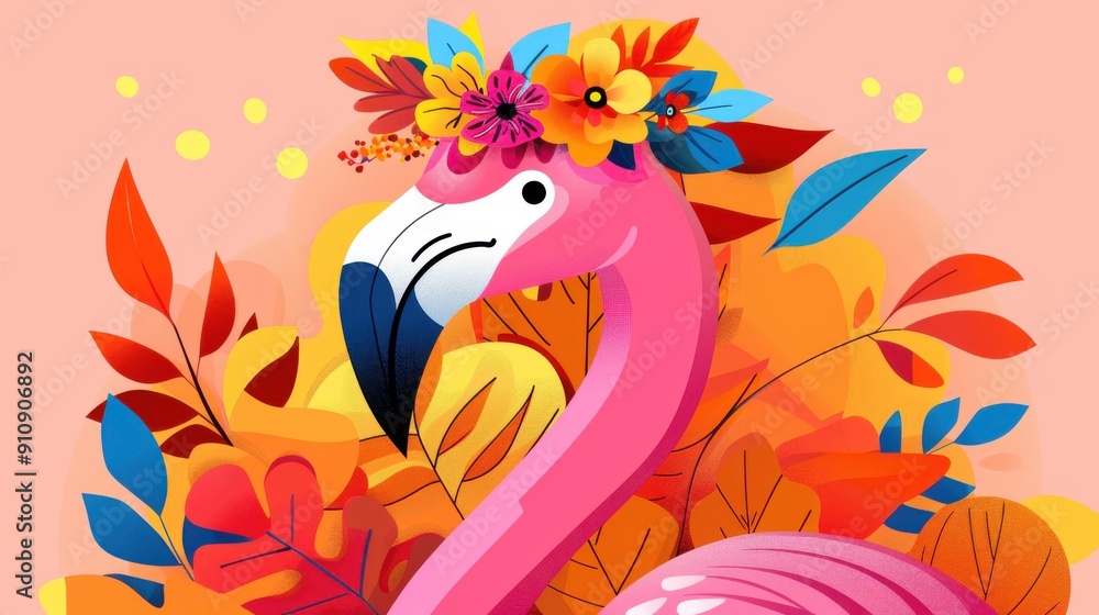 Fototapeta premium A charming pink flamingo adorned with a floral crown and tropical greenery evokes a playful, vibrant spirit in this illustration.